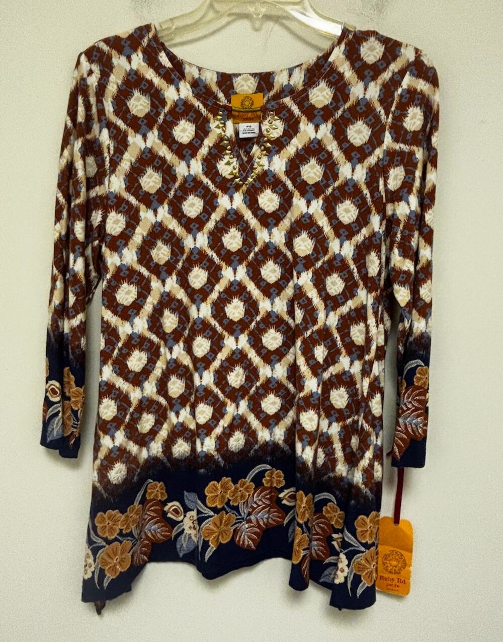 Ruby Rd. Petite brown and blue geometric patterned Tunic Top NWT Small Petite